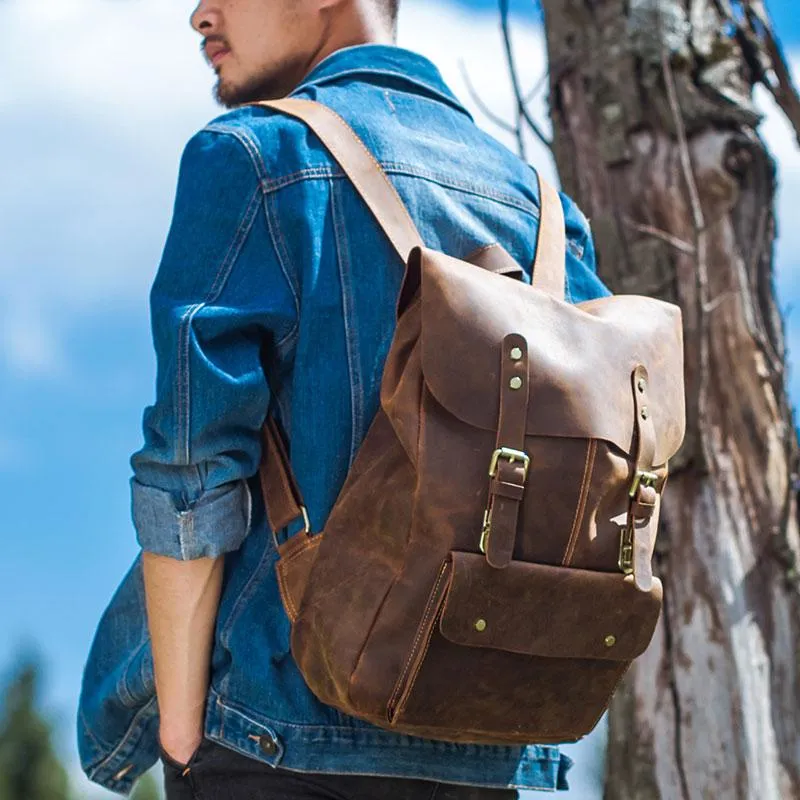 Vintage Leather Brown Mens Cool Leather Backpack Travel Bag for men