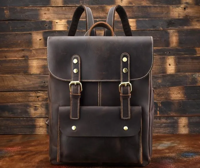 Vintage Leather Coffee Mens Backpack Satchel Backpack Travel Backpack Bags for Men