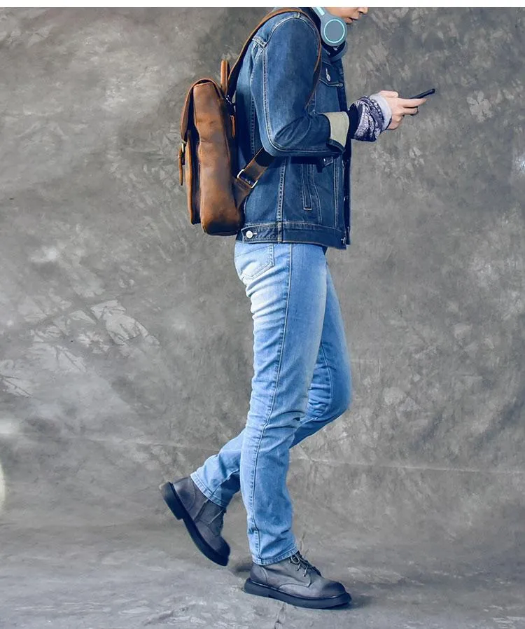 Vintage Leather Mens 13" Travel Backpack Brown College Laptop Backpack for Men