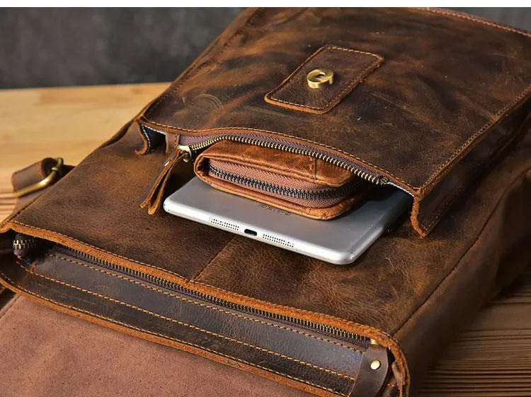 Vintage Leather Mens 13" Travel Backpack Brown College Laptop Backpack for Men