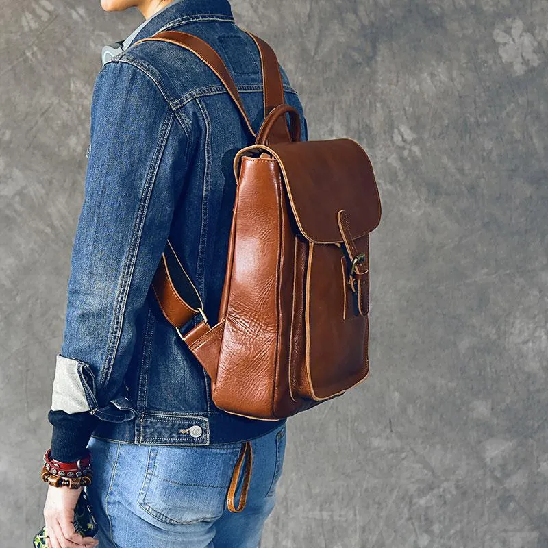Vintage Leather Mens 13" Travel Backpack Brown College Laptop Backpack for Men