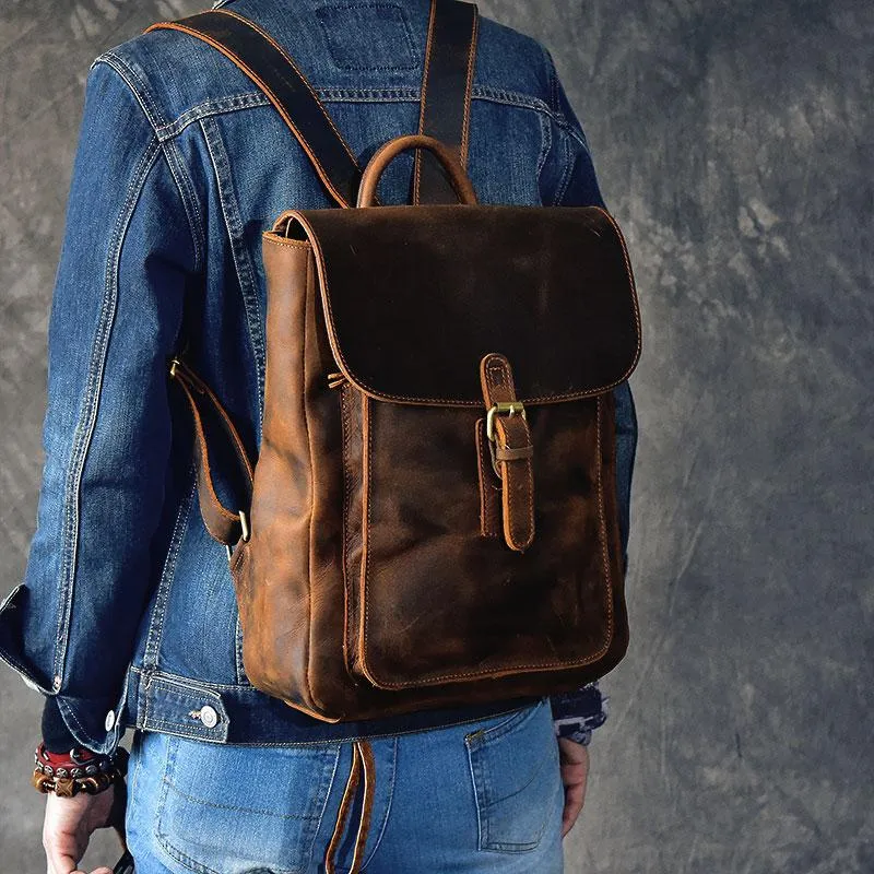 Vintage Leather Mens 13" Travel Backpack Brown College Laptop Backpack for Men