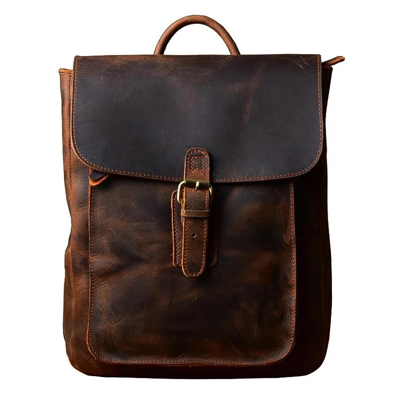 Vintage Leather Mens 13" Travel Backpack Brown College Laptop Backpack for Men