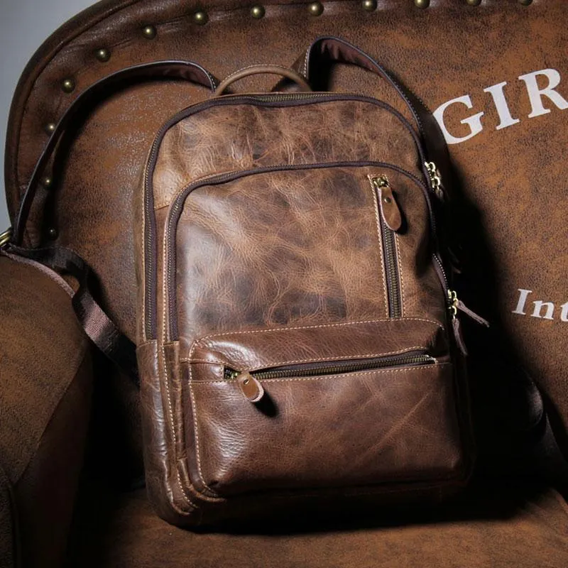 Vintage Leather Mens Backpack Large Coffee Travel Backpack School Backpack for men