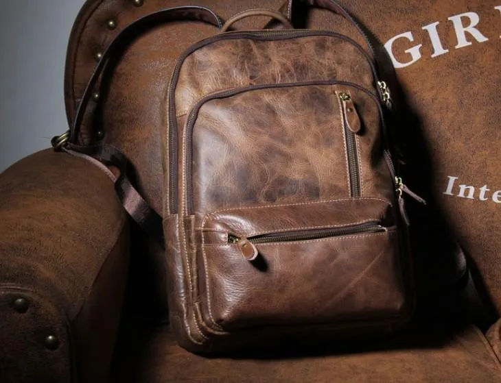 Vintage Leather Mens Backpack Large Coffee Travel Backpack School Backpack for men