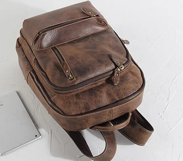 Vintage Leather Mens Backpack Large Coffee Travel Backpack School Backpack for men