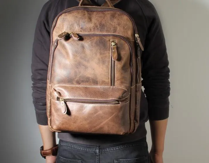 Vintage Leather Mens Backpack Large Coffee Travel Backpack School Backpack for men