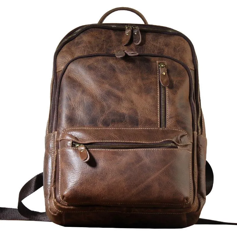 Vintage Leather Mens Backpack Large Coffee Travel Backpack School Backpack for men