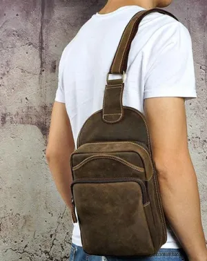 Vintage Leather Mens One Shoulder Backpack Sling Bag Chest Bag Sling Backpack for men