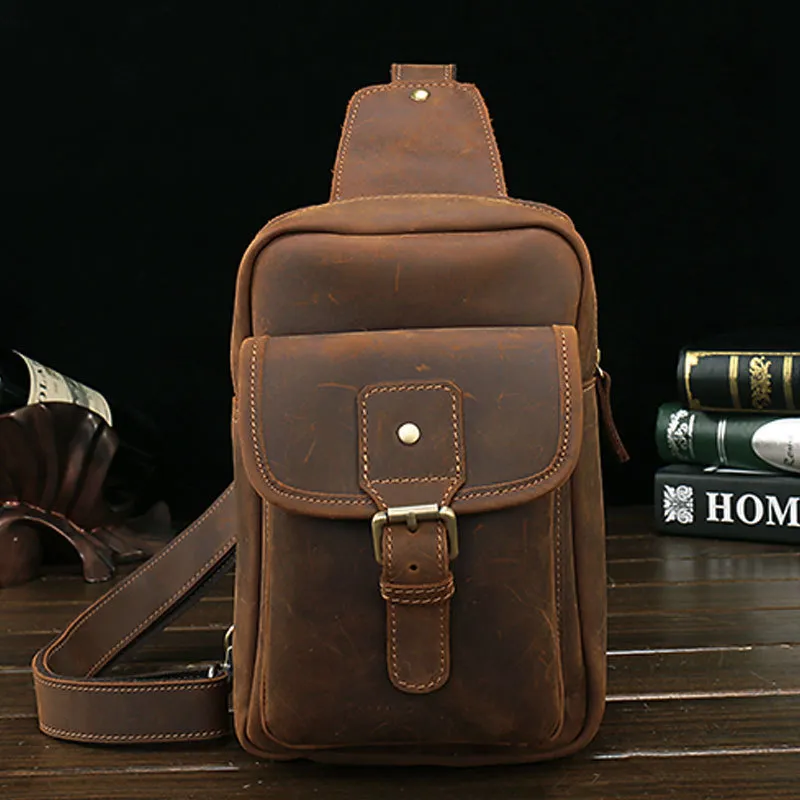 Vintage Leather Mens Sling Shoulder Bags Sling Bag Chest Bag Sling Backpack for men