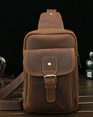 Vintage Leather Mens Sling Shoulder Bags Sling Bag Chest Bag Sling Backpack for men