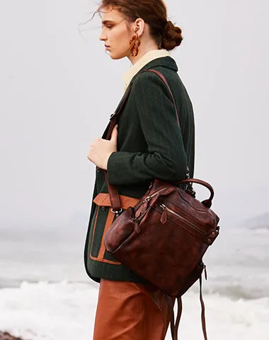 Vintage Leather Rucksack Womens School Backpack Ladies Leather Backpack Purses