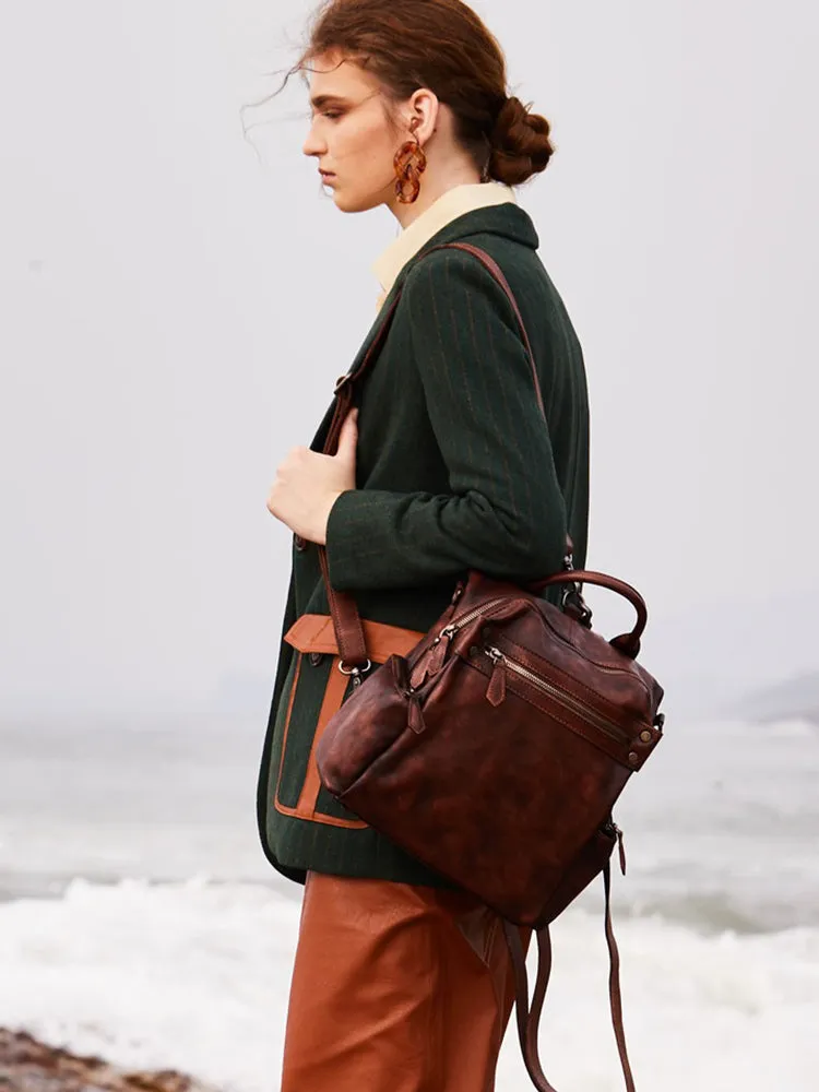 Vintage Leather Rucksack Womens School Backpack Ladies Leather Backpack Purses