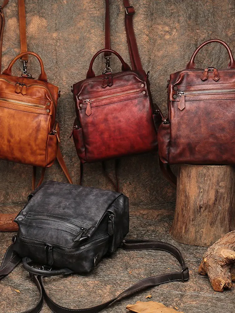 Vintage Leather Rucksack Womens School Backpack Ladies Leather Backpack Purses