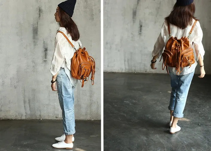 Vintage LEATHER WOMEN Barrel Backpack Handmade School Bucket Backpack FOR WOMEN