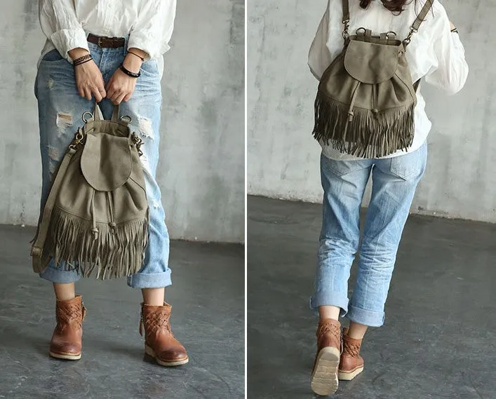 Vintage LEATHER WOMEN Tassels Backpack School Backpacks Tassels Travel Backpack FOR WOMEN