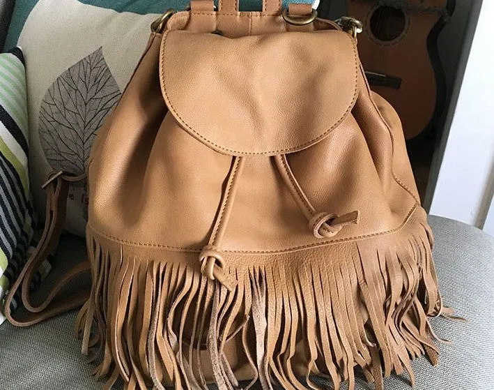 Vintage LEATHER WOMEN Tassels Backpack School Backpacks Tassels Travel Backpack FOR WOMEN