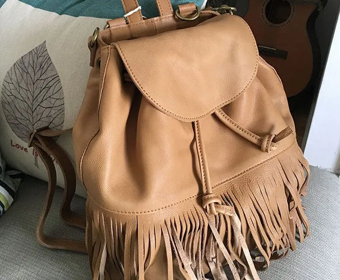 Vintage LEATHER WOMEN Tassels Backpack School Backpacks Tassels Travel Backpack FOR WOMEN