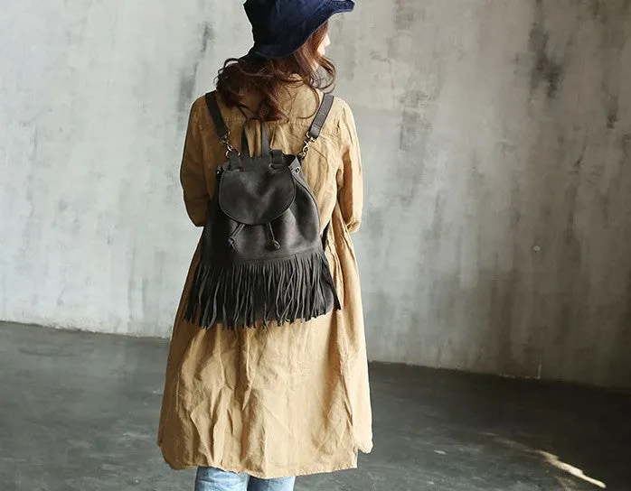 Vintage LEATHER WOMEN Tassels Backpack School Backpacks Tassels Travel Backpack FOR WOMEN