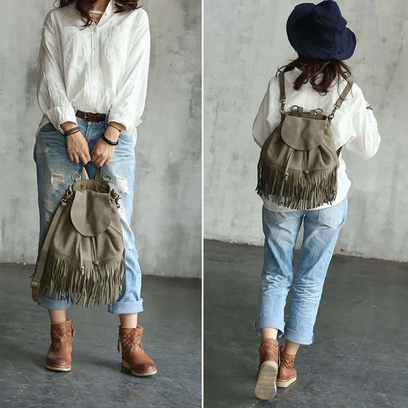 Vintage LEATHER WOMEN Tassels Backpack School Backpacks Tassels Travel Backpack FOR WOMEN