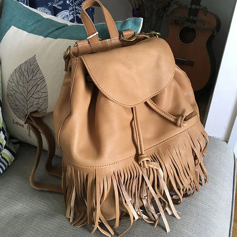 Vintage LEATHER WOMEN Tassels Backpack School Backpacks Tassels Travel Backpack FOR WOMEN