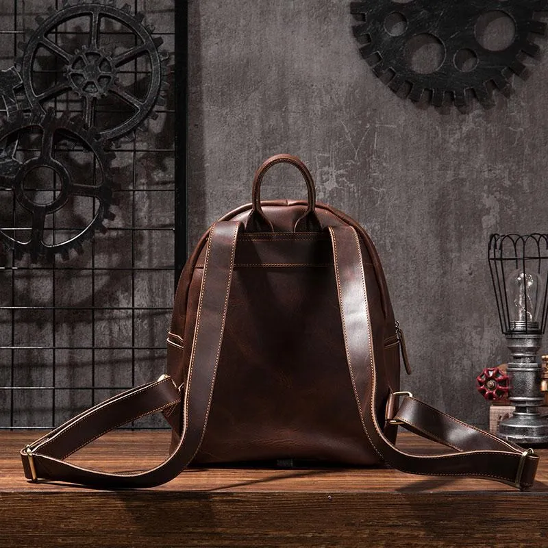 Vintage Mens Coffee Leather Backpack Travel Backpack Leather School Backpacks for Men