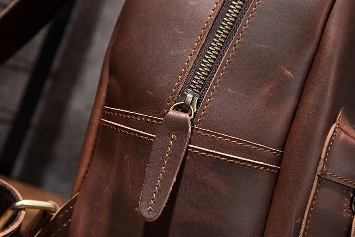 Vintage Mens Coffee Leather Backpack Travel Backpack Leather School Backpacks for Men