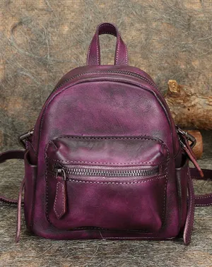 Vintage Purple Small Leather Rucksack Womens Mini Leather Backpack Ladies Backpack Purses