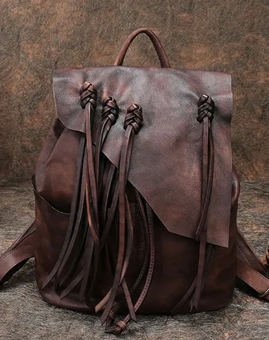 Vintage Red Leather Rucksack WIth Tassels Womens Western Leather Backpack Ladies Backpack Purses