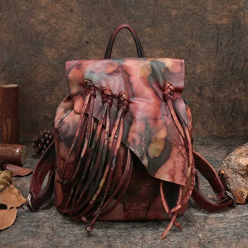 Vintage Red Leather Rucksack WIth Tassels Womens Western Leather Backpack Ladies Backpack Purses