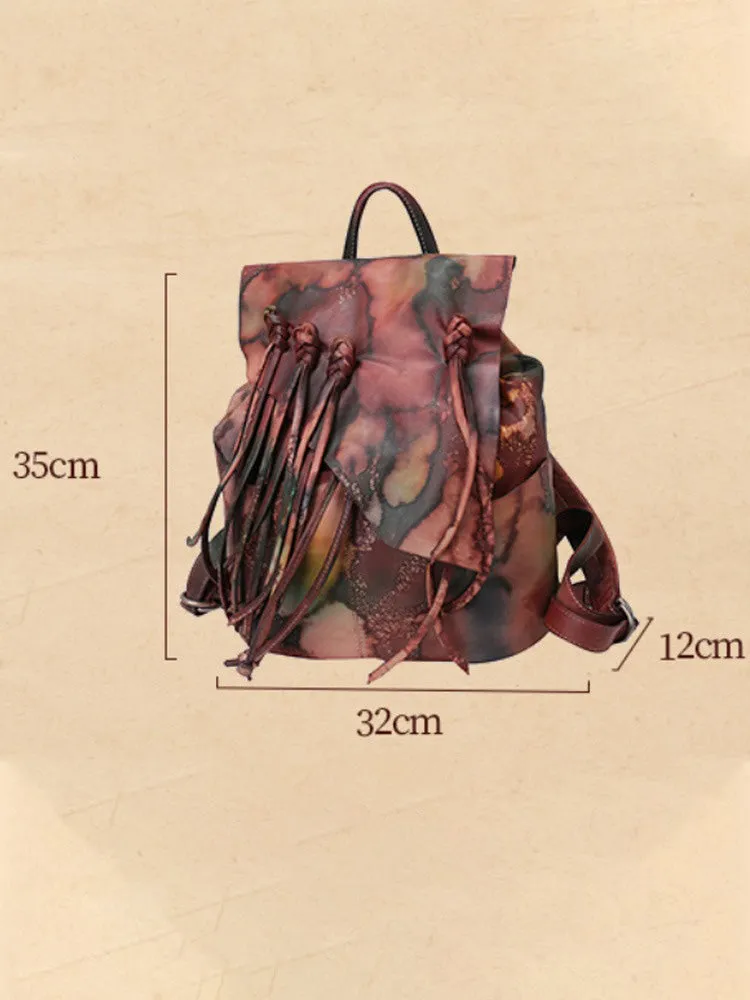 Vintage Red Leather Rucksack WIth Tassels Womens Western Leather Backpack Ladies Backpack Purses