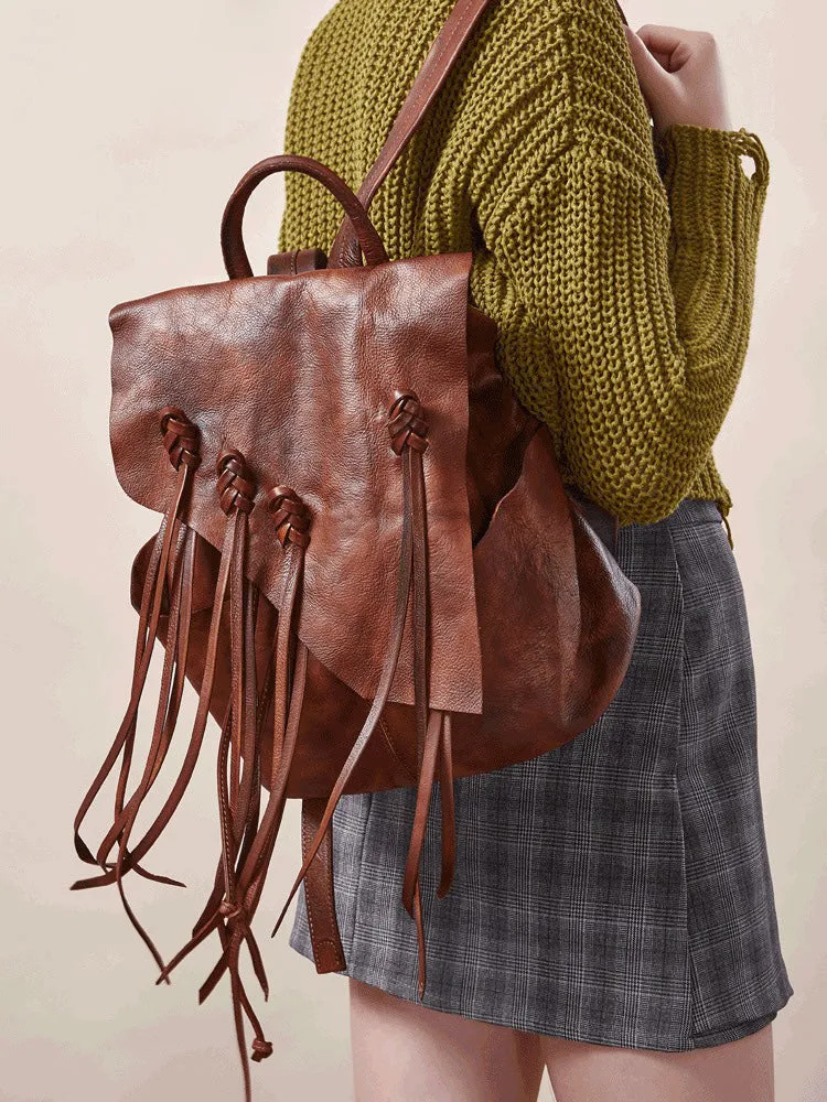 Vintage Red Leather Rucksack WIth Tassels Womens Western Leather Backpack Ladies Backpack Purses