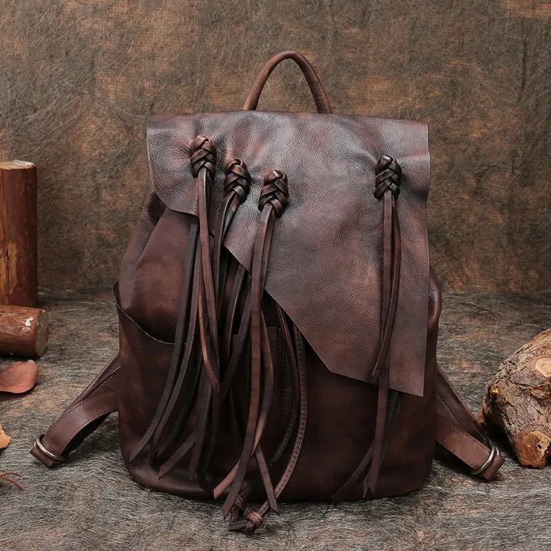 Vintage Red Leather Rucksack WIth Tassels Womens Western Leather Backpack Ladies Backpack Purses