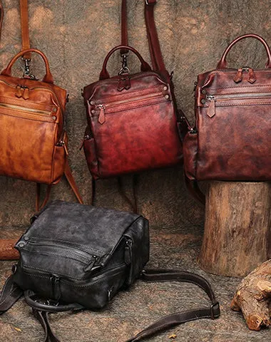 Vintage Red Leather Rucksack Womens School Backpack Ladies Leather Backpack Purses