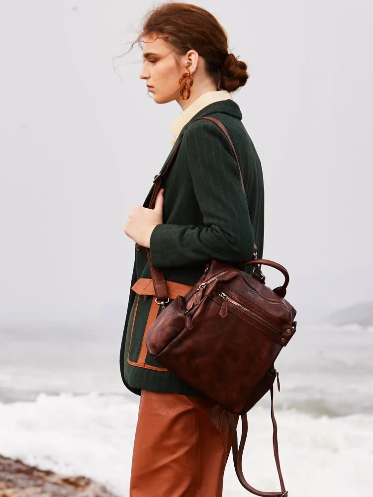 Vintage Red Leather Rucksack Womens School Backpack Ladies Leather Backpack Purses