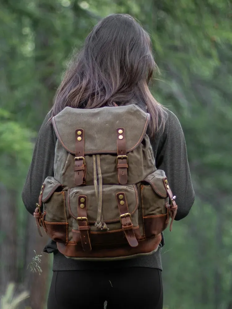 Waxed Canvas Backpack With Laptop Compartment Canvas And Leather Backpack Hiking Backpack for Men