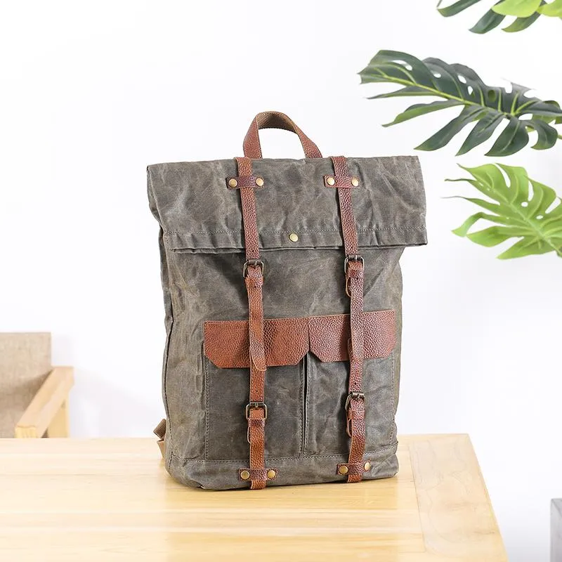 Waxed Canvas Leather Mens 15???? Green Waterproof Backpack Khaki Travel Backpack Hiking Backpack for Men