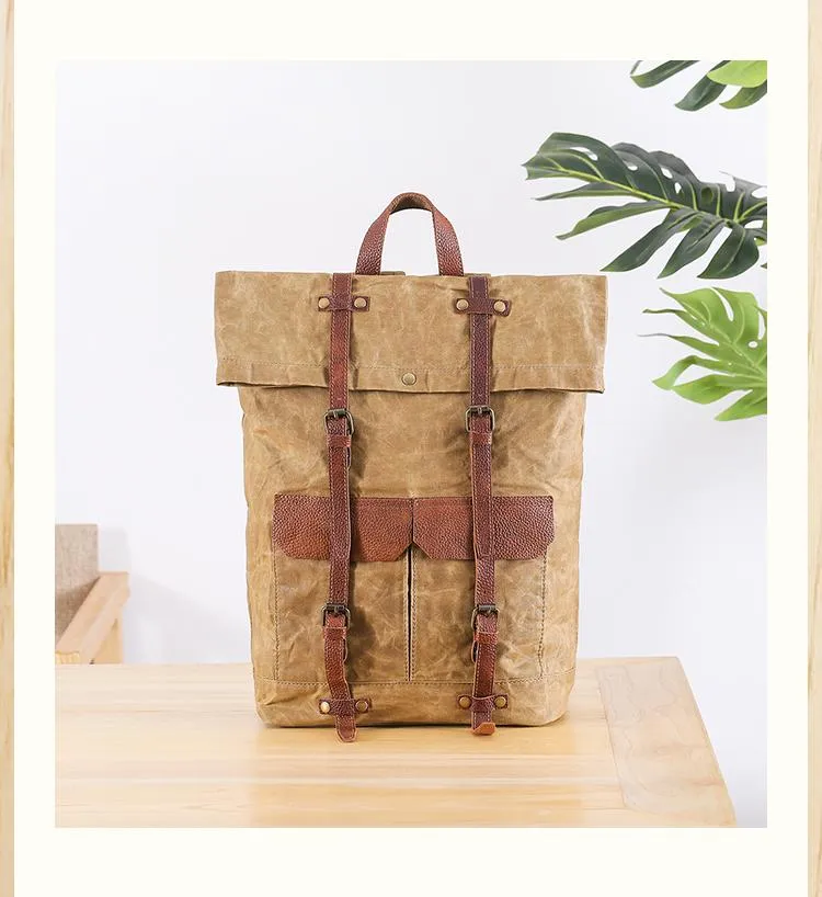 Waxed Canvas Leather Mens 15???? Green Waterproof Backpack Khaki Travel Backpack Hiking Backpack for Men