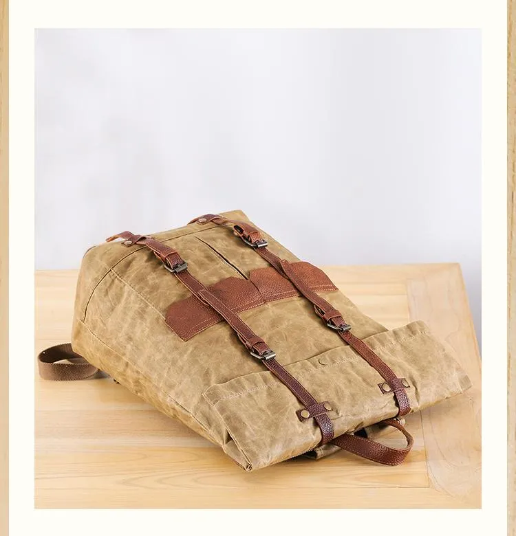 Waxed Canvas Leather Mens 15???? Green Waterproof Backpack Khaki Travel Backpack Hiking Backpack for Men