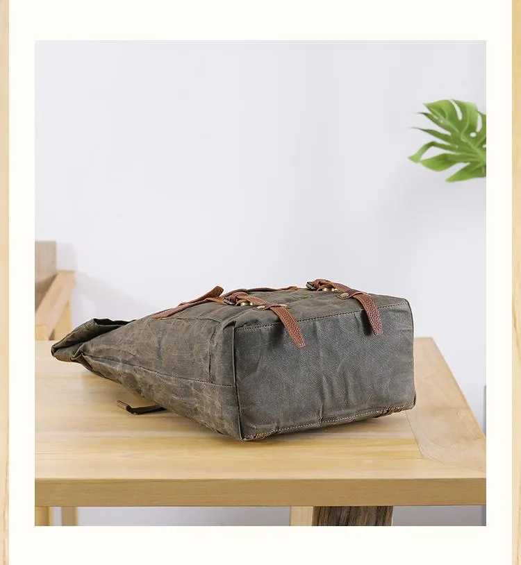 Waxed Canvas Leather Mens 15???? Green Waterproof Backpack Khaki Travel Backpack Hiking Backpack for Men