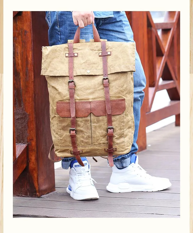 Waxed Canvas Leather Mens 15???? Green Waterproof Backpack Khaki Travel Backpack Hiking Backpack for Men