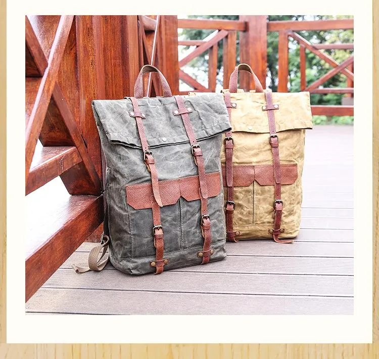 Waxed Canvas Leather Mens 15???? Green Waterproof Backpack Khaki Travel Backpack Hiking Backpack for Men
