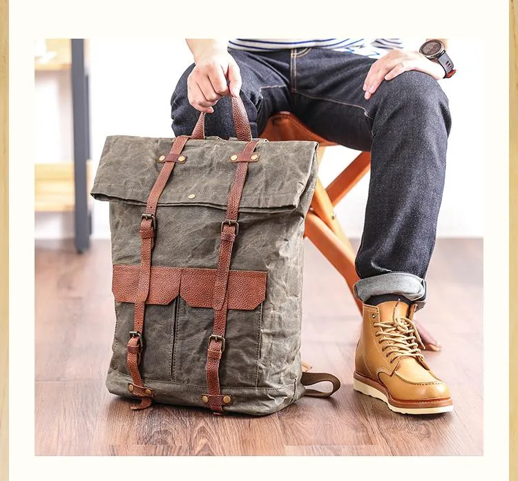 Waxed Canvas Leather Mens 15???? Green Waterproof Backpack Khaki Travel Backpack Hiking Backpack for Men