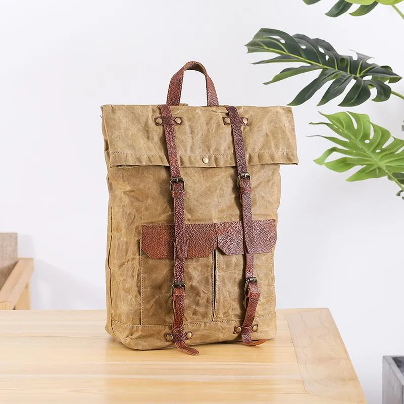 Waxed Canvas Leather Mens 15???? Green Waterproof Backpack Khaki Travel Backpack Hiking Backpack for Men