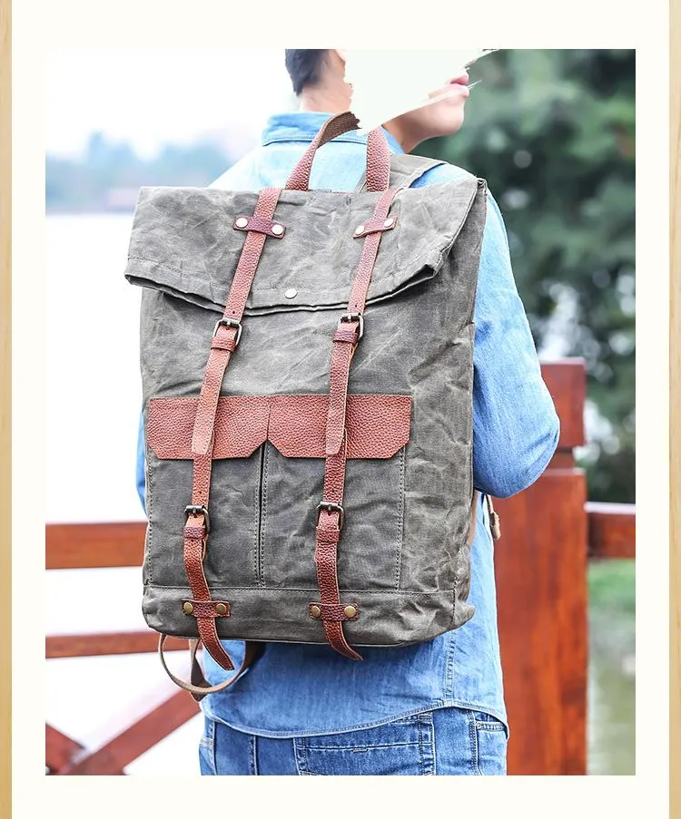 Waxed Canvas Leather Mens 15???? Green Waterproof Backpack Khaki Travel Backpack Hiking Backpack for Men