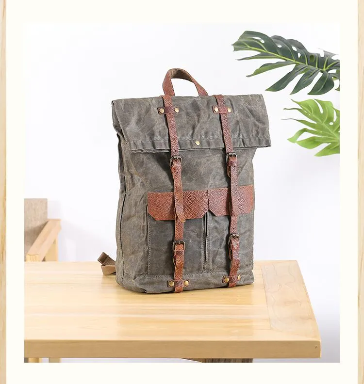 Waxed Canvas Leather Mens 15???? Green Waterproof Backpack Khaki Travel Backpack Hiking Backpack for Men