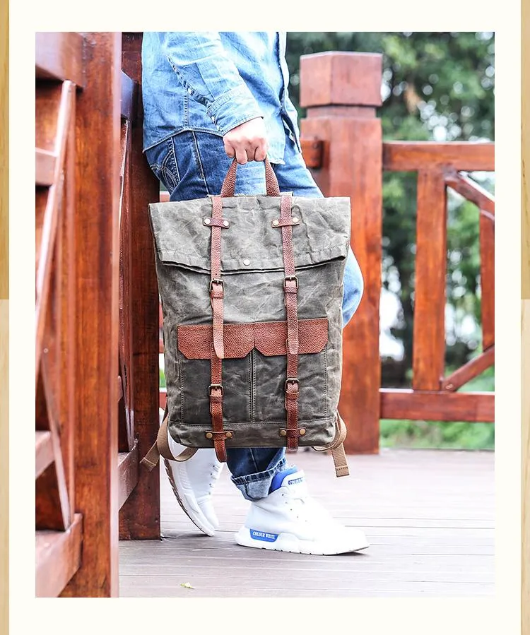 Waxed Canvas Leather Mens 15???? Green Waterproof Backpack Khaki Travel Backpack Hiking Backpack for Men