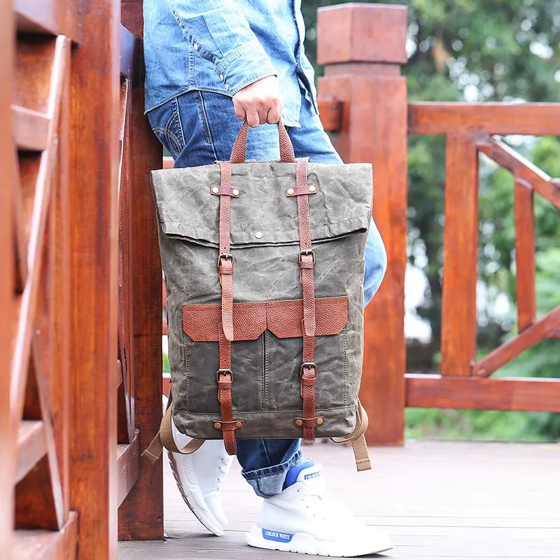 Waxed Canvas Leather Mens 15???? Green Waterproof Backpack Khaki Travel Backpack Hiking Backpack for Men