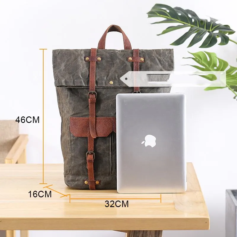 Waxed Canvas Leather Mens 15???? Green Waterproof Backpack Khaki Travel Backpack Hiking Backpack for Men
