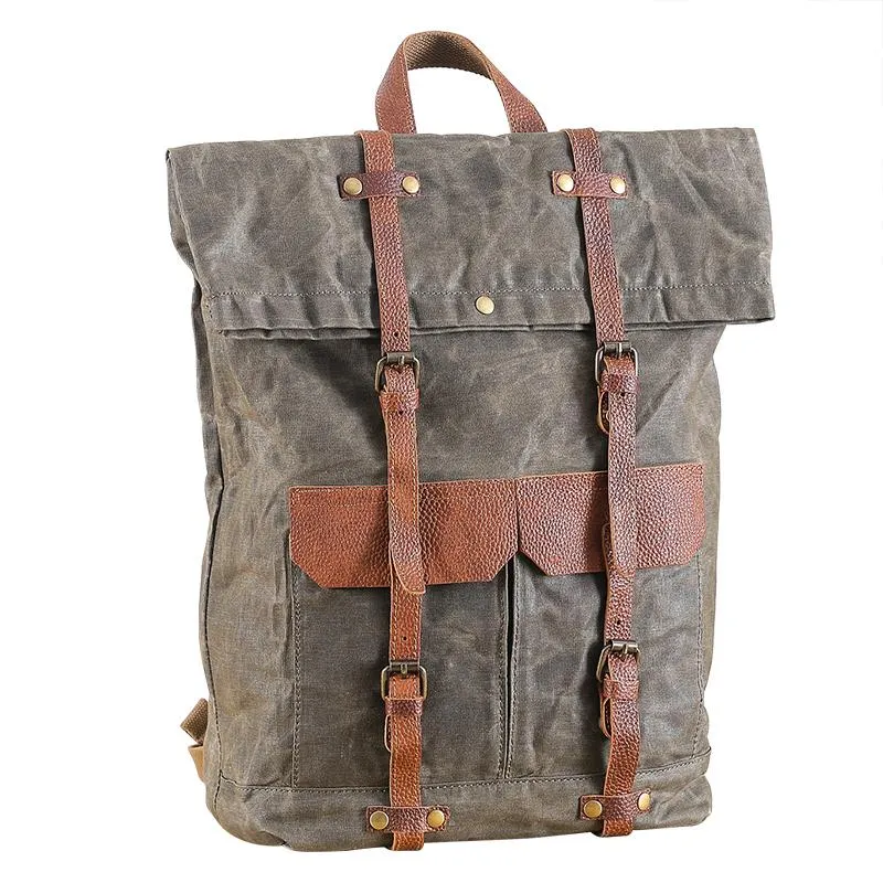 Waxed Canvas Leather Mens 15???? Green Waterproof Backpack Khaki Travel Backpack Hiking Backpack for Men